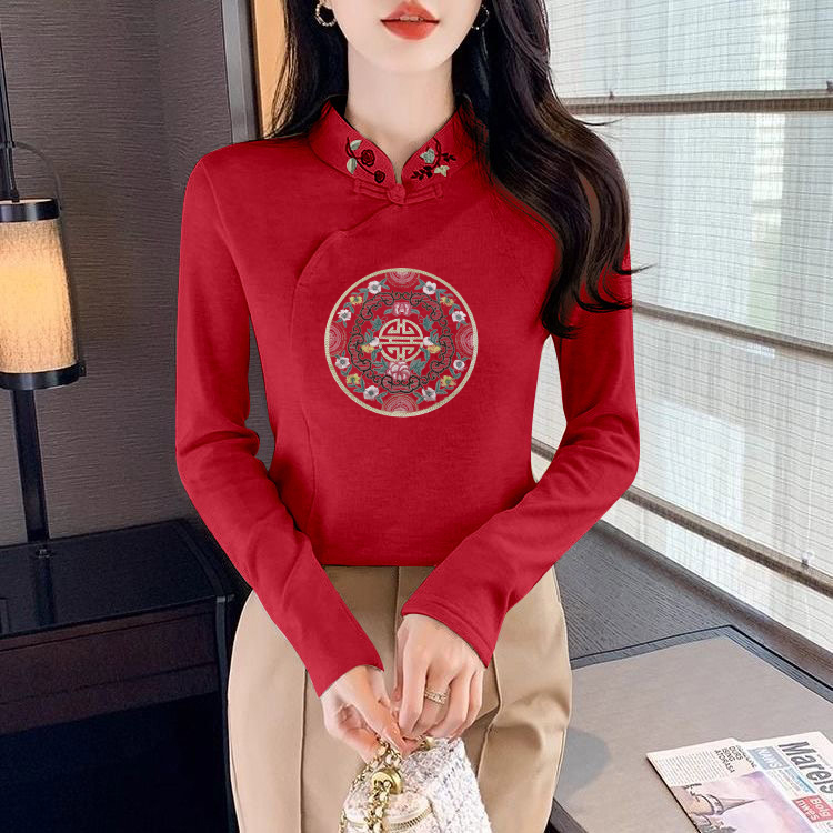 新中式德绒长袖内搭t恤女加绒立领印花打底衫中国风刺绣加厚上衣