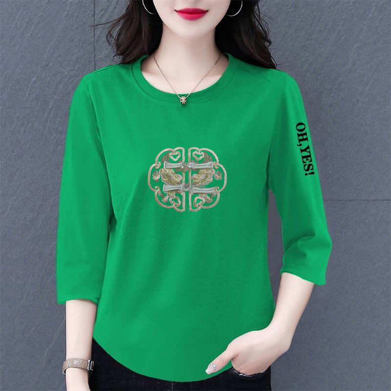 100%纯棉七分袖t恤女2024新款圆领印花上衣夏季设计感薄款打底衫