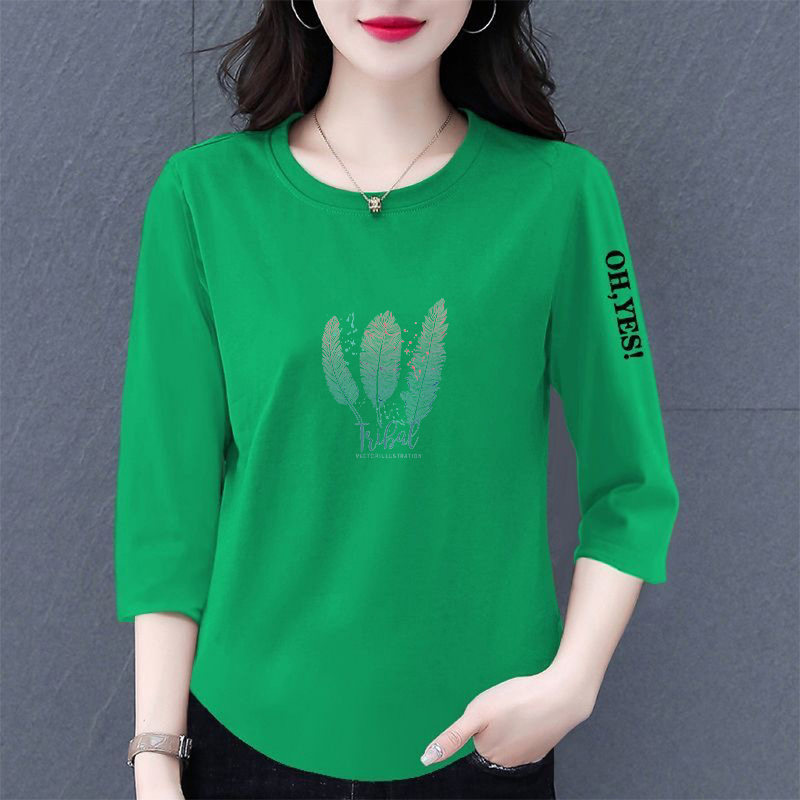 100%纯棉七分袖t恤女薄款圆领印花设计感体恤衫夏季大码韩版上衣