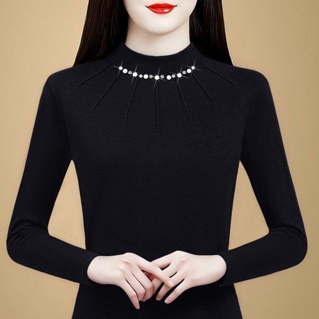 双面德绒半高领打底衫女新款钉珠秋冬季内搭保暖上衣发热长袖T恤