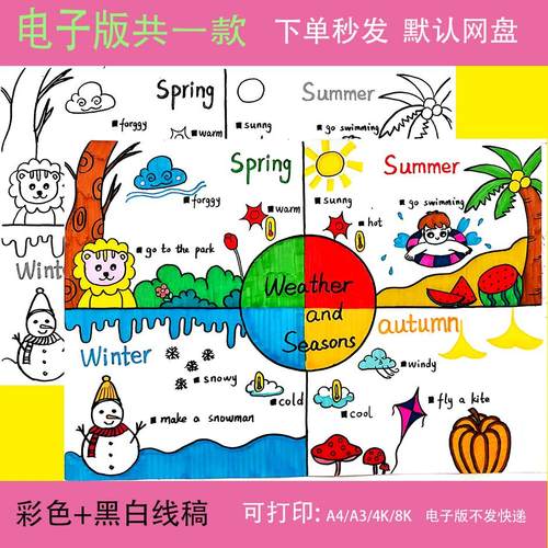 英语季节手抄报模板春夏秋冬小学生四季Four seasons儿童画连环画
