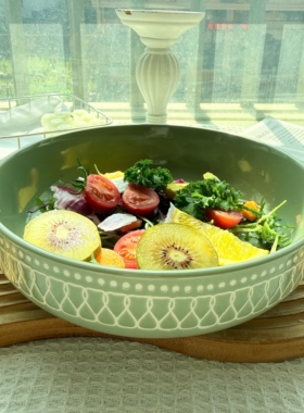 法式绿色复古陶瓷汤盘家用菜盘沙拉盘高级感酒店餐厅商用深盘