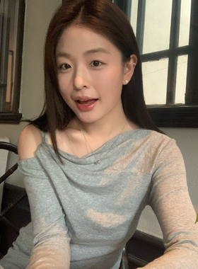 KITTIN-韩系露肩收腰设计感啊不规则纽结长袖T恤3819#