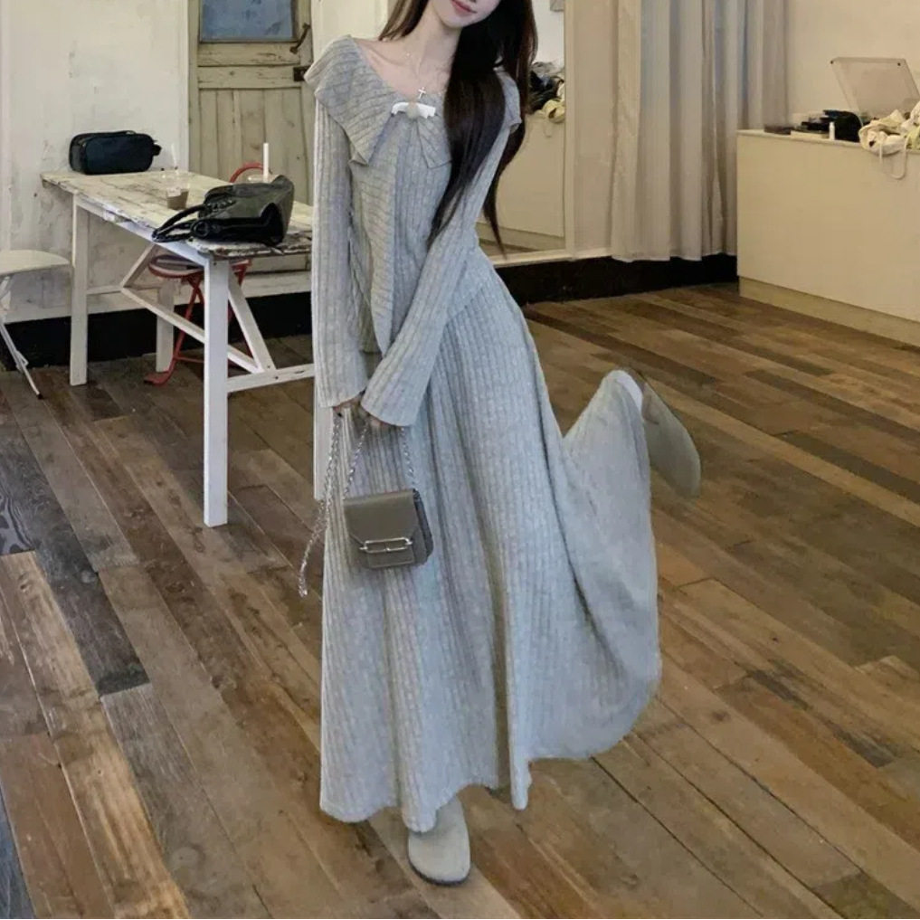 春秋甜美时尚套装设计感不规则针织毛衣高腰半身长裙女两件套减龄