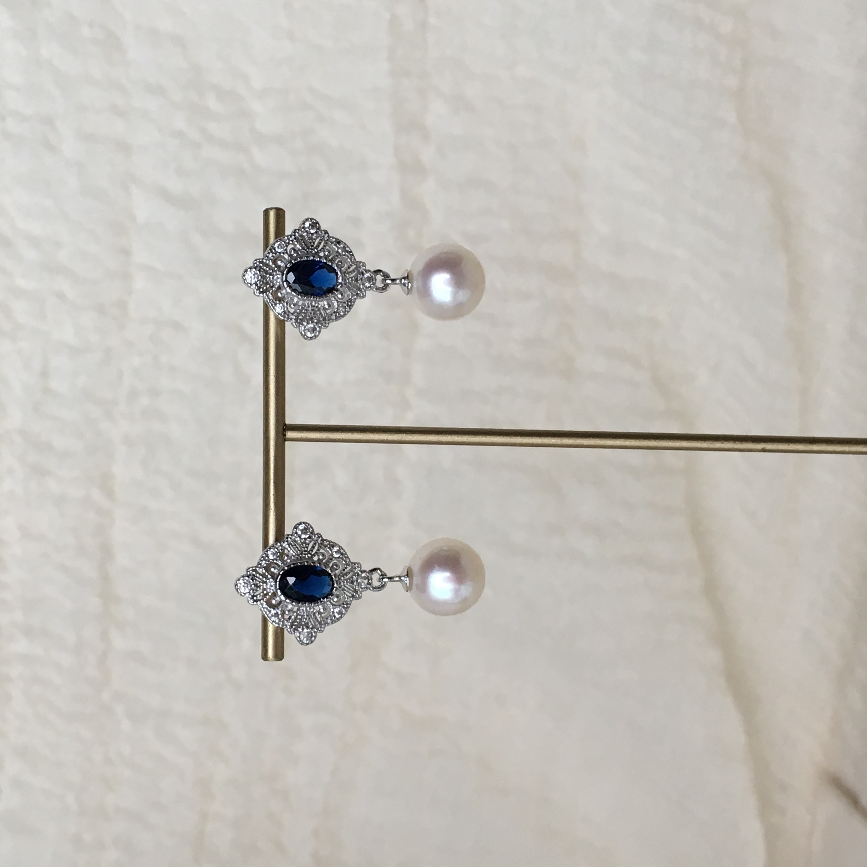 天然珍珠耳钉耳环925纯银蓝宝