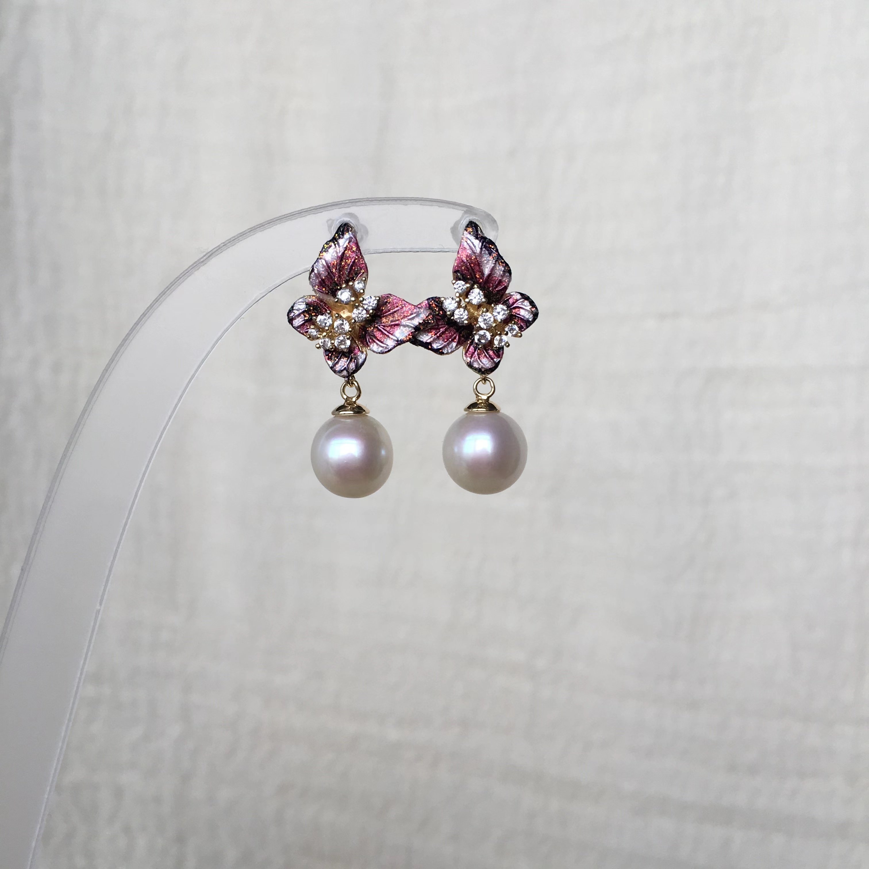 925纯银蝴蝶粉紫色天然珍珠耳钉