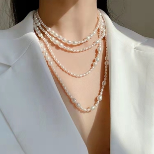 复古宫廷轻奢优雅多层叠带天然珍珠超长款项链毛衣链一款多戴纯银