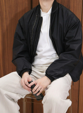 Extfine冬极简高级感黑色棒球领双拉链设计感皮衣夹克棉服外套男