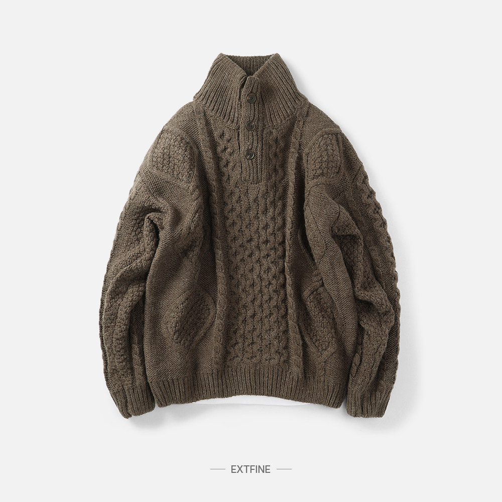 Extfine秋冬老钱复古立领高龄麻花编织半开襟针织毛衣男套头宽松