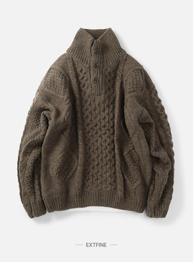 Extfine秋冬老钱复古立领高龄麻花编织半开襟针织毛衣男套头宽松
