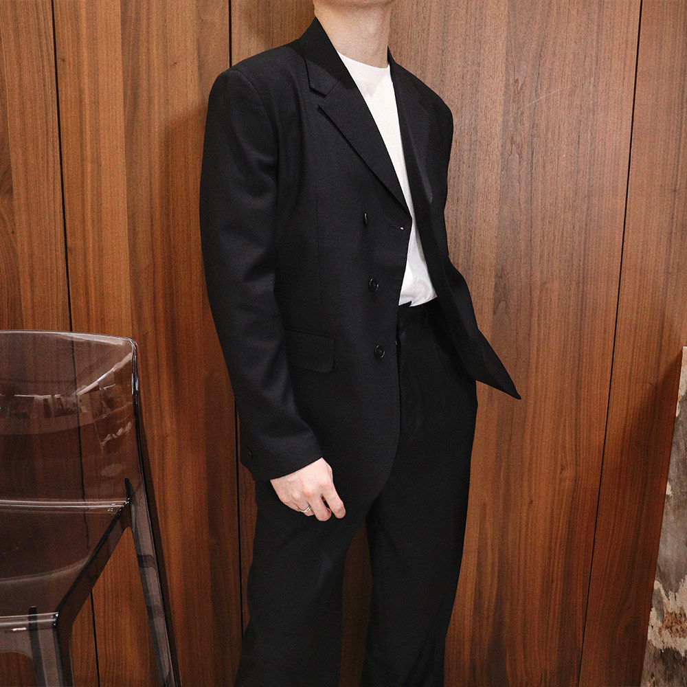 Extfine春极简高级感阔版双排扣黑色宽松西装套装男宽松西裤直筒