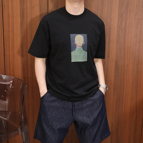 Extfine夏高级感抽象人像印花T恤男夏季宽松休闲百搭抗皱圆领短袖