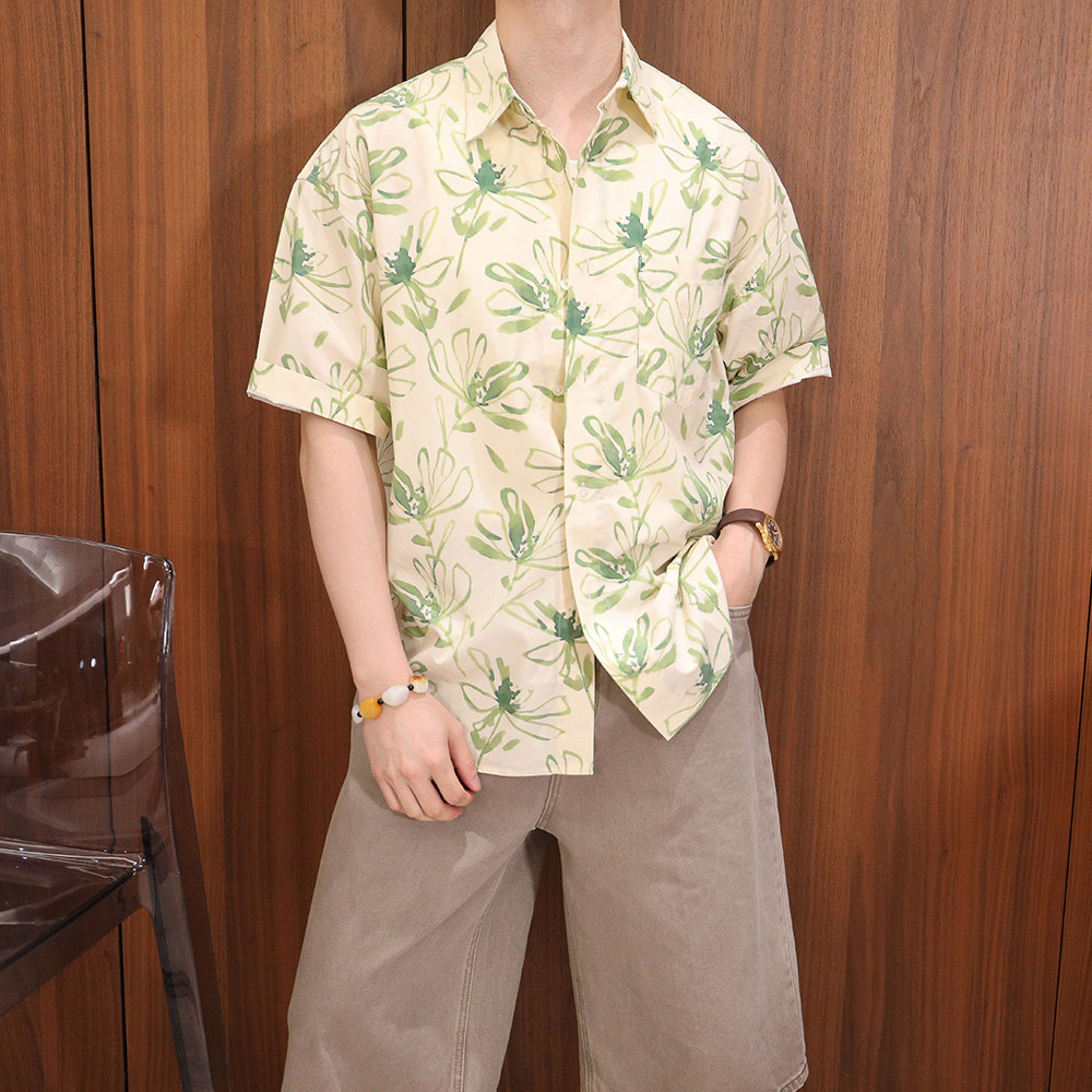 Extfine夏森系薄荷绿印花衬衫男夏宽松显瘦短袖日系休闲百搭上衣