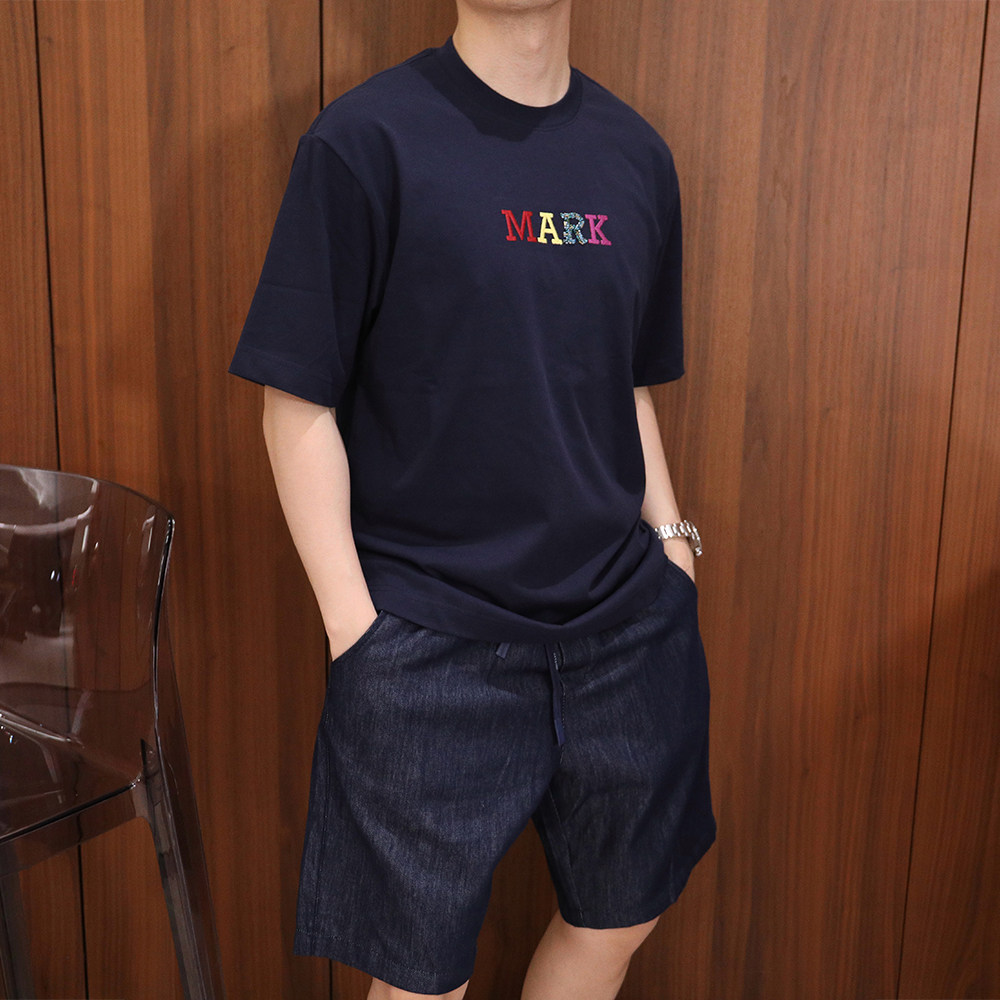 Extfine夏季珠绣高级感彩色字母刺绣短袖男夏季宽松通勤纯棉T恤