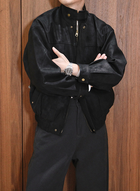 Extfine秋冬复古肌理感立领按扣机车皮衣羽绒夹克外套男高级质感