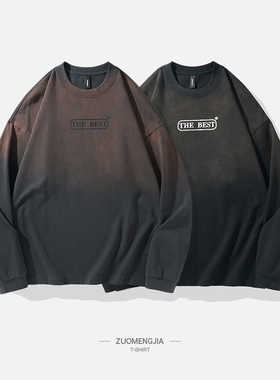 断码福利秋冬水洗渐变做旧印花休闲落肩长袖圆领T恤男宽松薄款