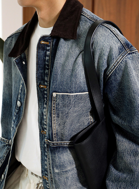 Extfine秋冬新款日系复古重磅水洗灯芯绒拼领牛仔外套男夹克宽松