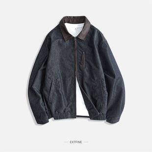 Extfine春秋日系拼皮领单宁牛仔夹克男 宽松复古工装风短款外套