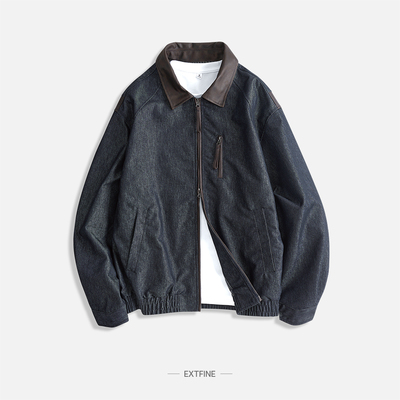Extfine春秋日系拼皮领单宁牛仔夹克男 宽松复古工装风短款外套