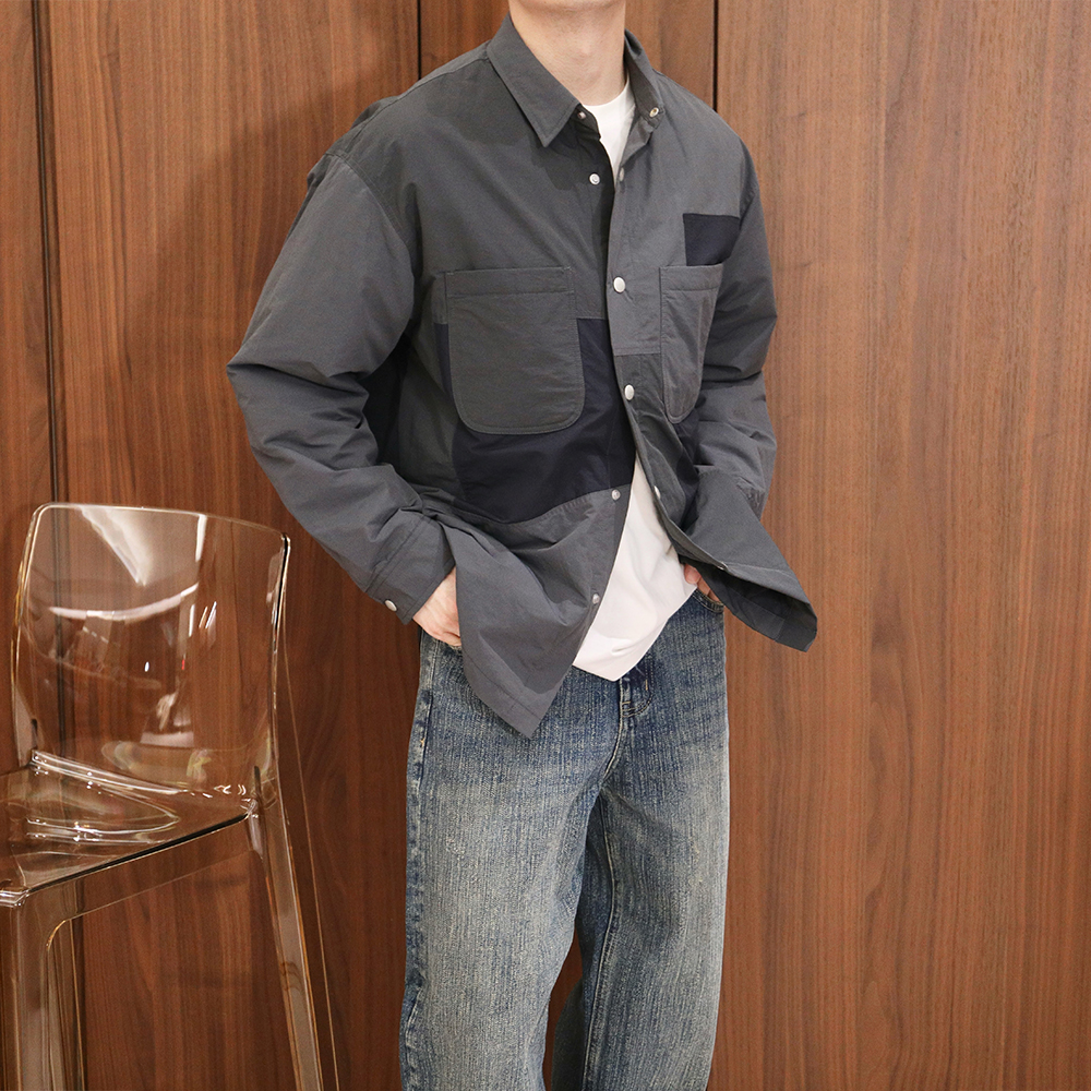 日系简约高级灰拼接翻领棉服