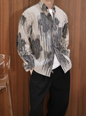 作梦家春秋冬做旧质感印花条纹加厚翻领长袖衬衫男宽松设计感小众