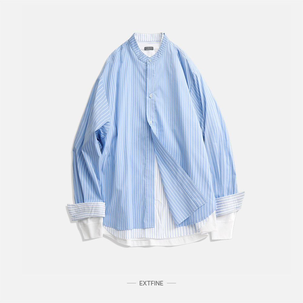 Extfine日系假两件条纹衬衫男长袖立领叠穿设计感小众宽松衬衣