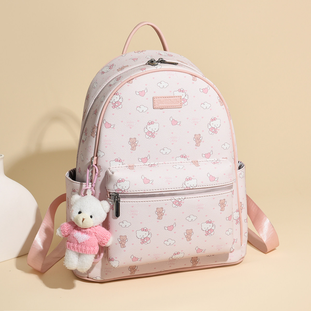 可爱卡通印花旅行休闲双肩背包女学生书包小熊挂件粉色甜美背包女