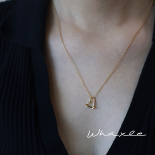 镂空心 立体镂空镶钻爱心吊坠气质镀14K金项链锁骨链 Whaxle