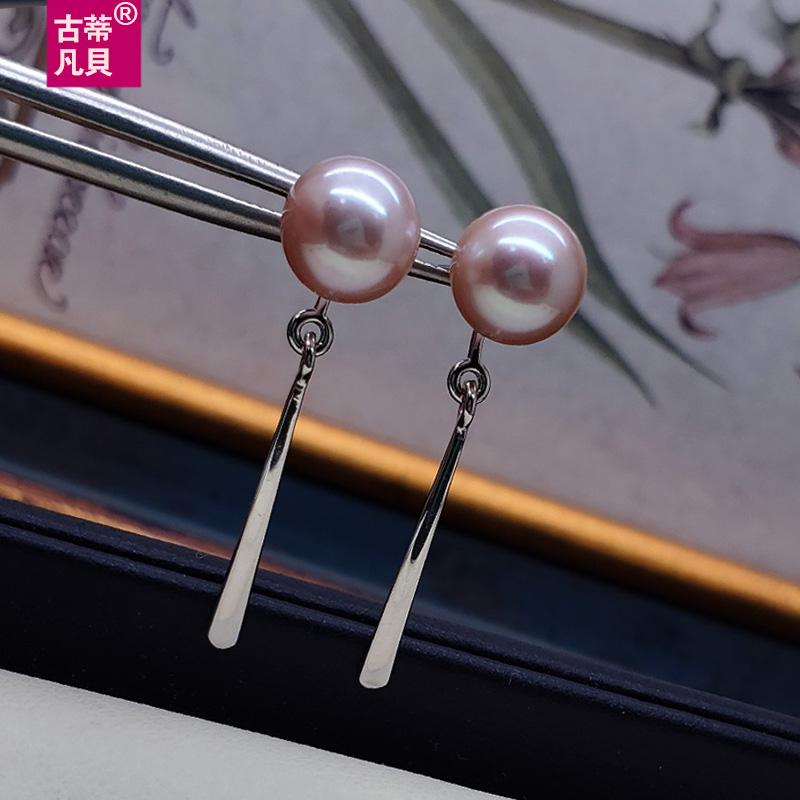 粉紫色正圆天然珍珠耳坠纯银配件