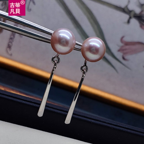 粉紫色正圆天然珍珠耳坠纯银配件