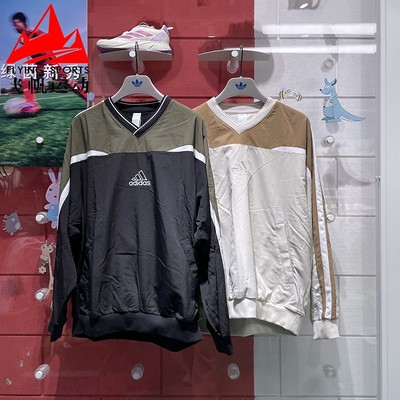 阿迪达斯男卫衣2025春新款复古宽松V领撞色休闲运动套头衫 JD5395