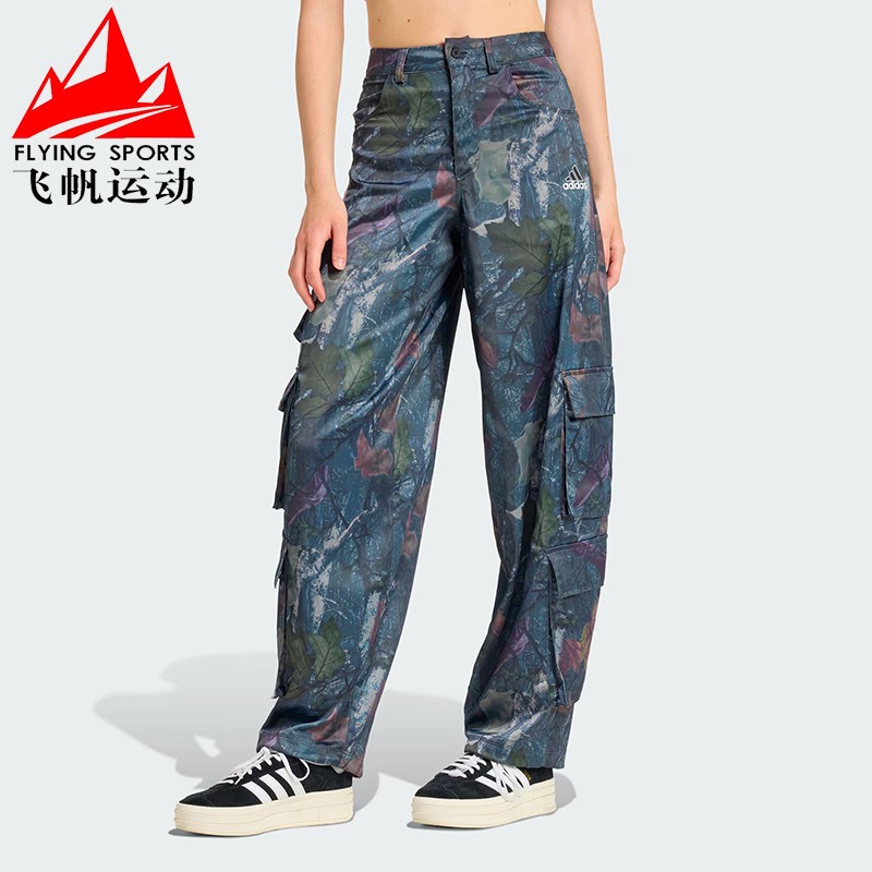 阿迪达斯三叶草牛仔裤女2025秋新款复古印花工装宽松运动裤KE3741