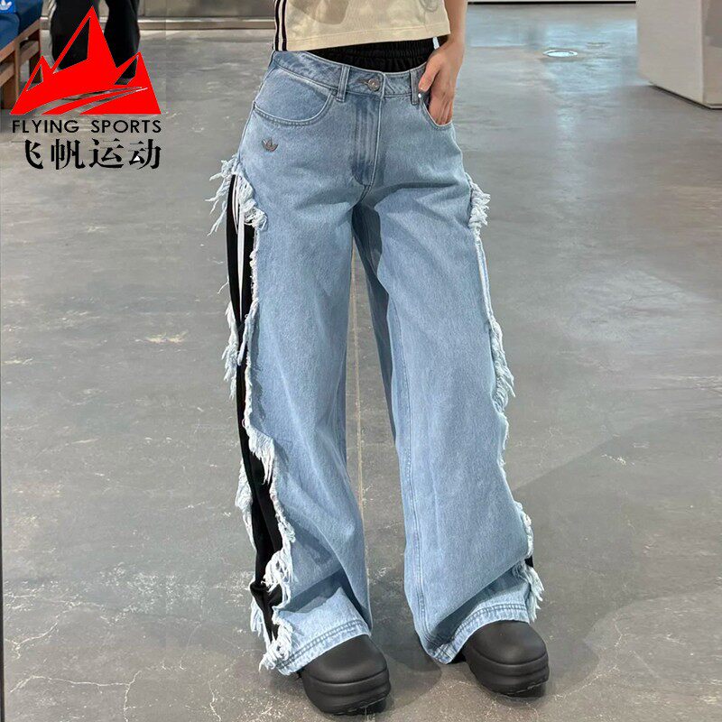 阿迪达斯三叶草女裤2026夏新潮纯棉复古宽松解构运动牛仔裤KY5192