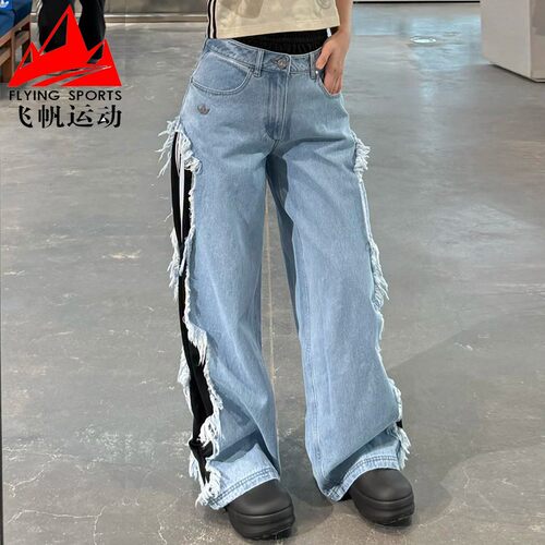 阿迪达斯三叶草女裤2026夏新潮纯棉复古宽松解构运动牛仔裤KY5192