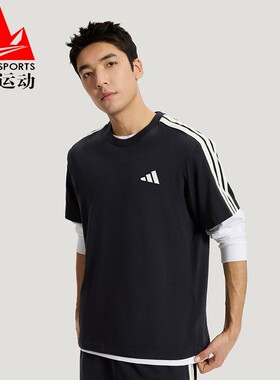 阿迪达斯男装2026夏季纯棉三条纹宽松圆领休闲运动短袖T恤 KR2490