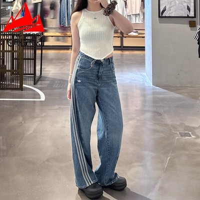 阿迪达斯三叶草牛仔裤女2025秋时尚复古纯棉宽松运动扭扭裤JN0726