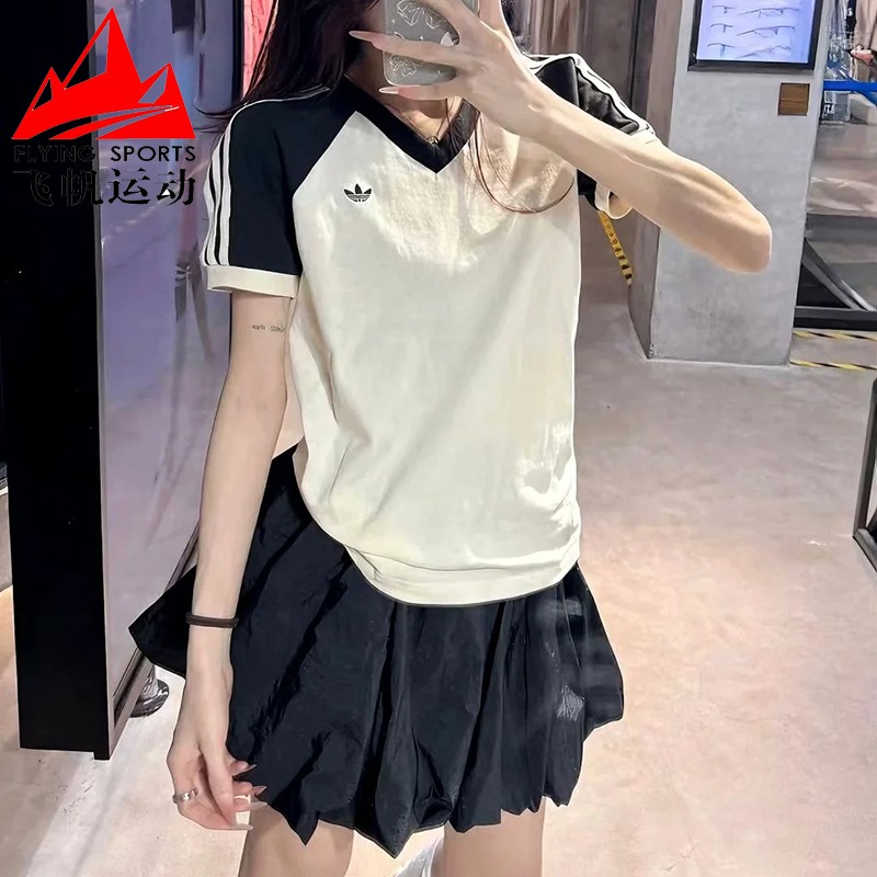 阿迪达斯三叶草女装2025夏季款经典撞色纯棉V领运动短袖T恤KF0316