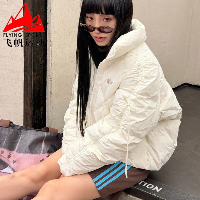 阿迪达斯三叶草羽绒服女2025冬季时尚短款菱格鸭绒保暖外套KC2611