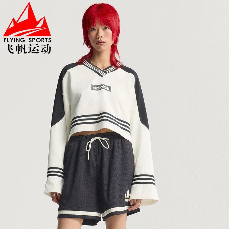 阿迪达斯三叶草女装2025秋季时尚短款宽松V领运动长袖卫衣 JX7597