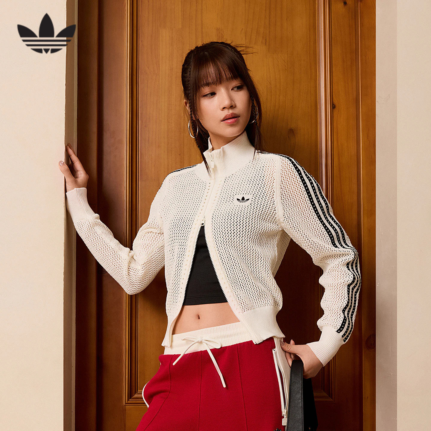 阿迪达斯三叶草女装2026春款时尚针织镂空立领运动夹克外套KC6496