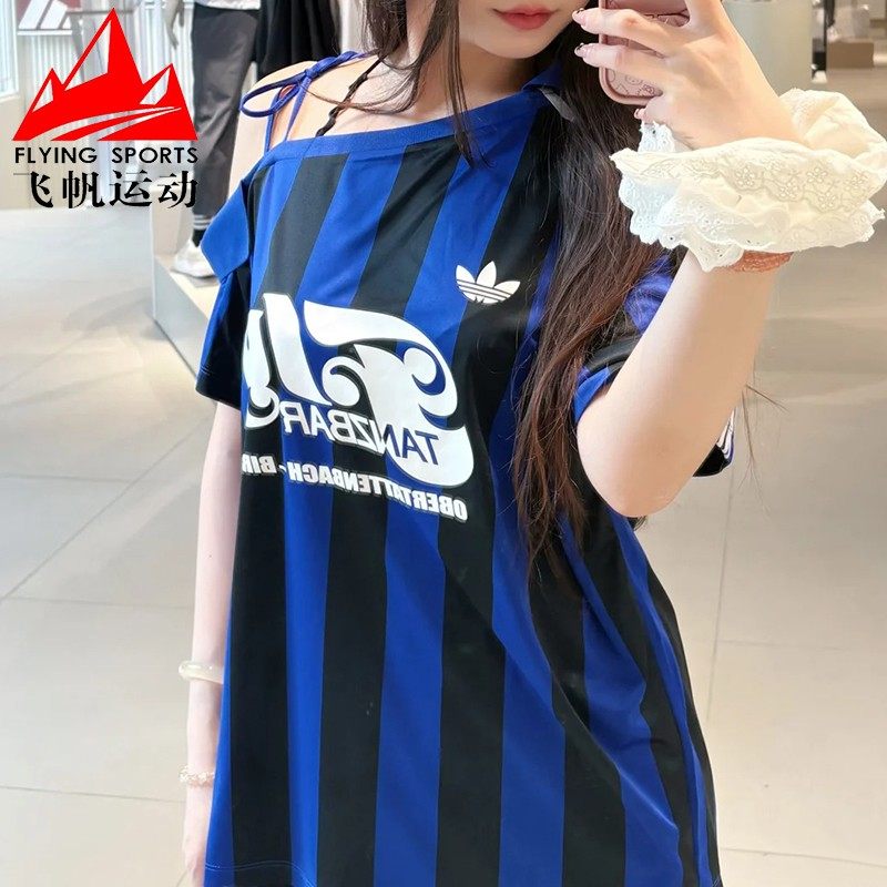 阿迪达斯三叶草女装2025夏季时尚宽松斜领露肩运动短袖球衣KD2278