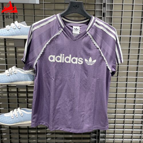 阿迪达斯三叶草女装2026秋速干条纹宽松运动短袖T恤LF2323 2324