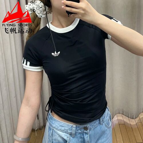 阿迪达斯三叶草女装2026夏季双层条纹修身百搭运动短袖T恤 KW4528