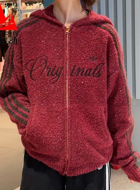 阿迪达斯男女装2026春款针织绒面宽松连帽休闲运动开衫外套KT0718