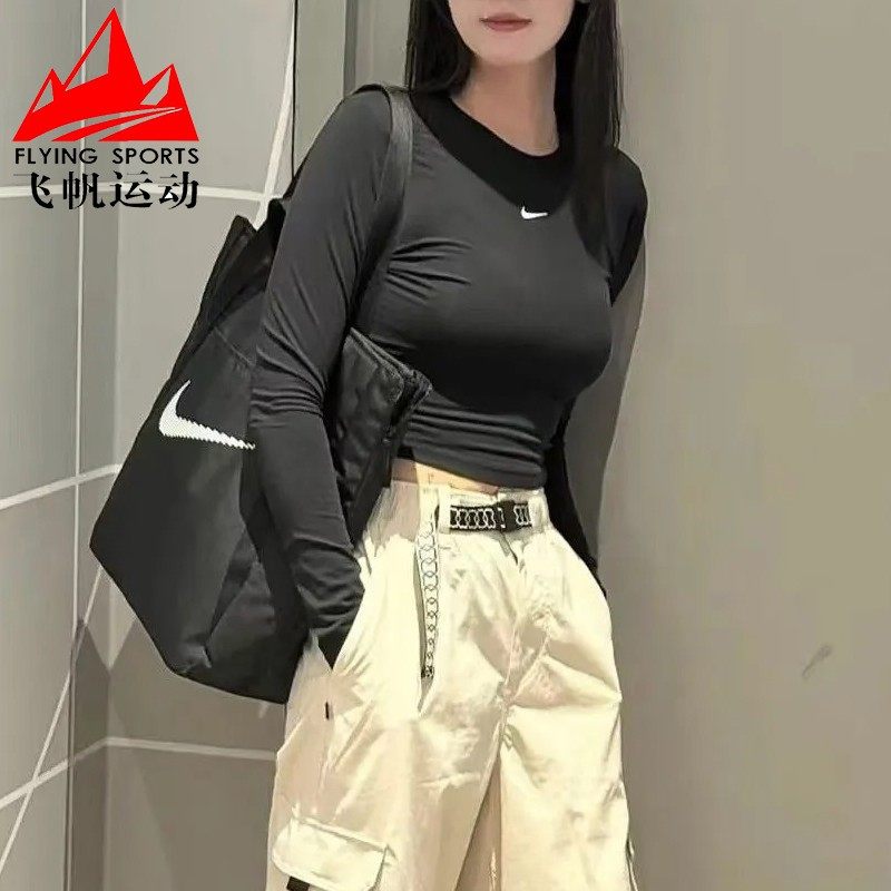 耐克女装2026春刺绣小勾弹力修身短款休闲运动长袖T恤 HF5323-011