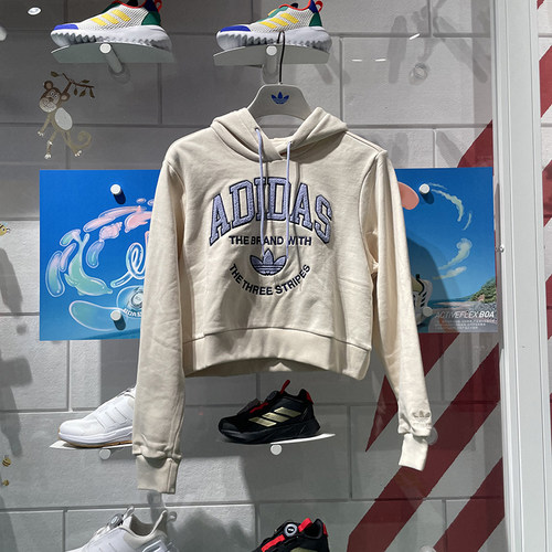 阿迪达斯三叶草女装2024春款针织短款运动连帽卫衣 IR6035 IT9846