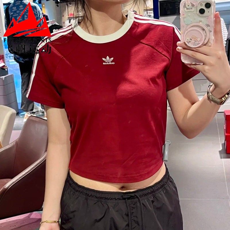 阿迪达斯三叶草女装2025夏三条纹修身纯棉短款运动短袖T恤 KF0314