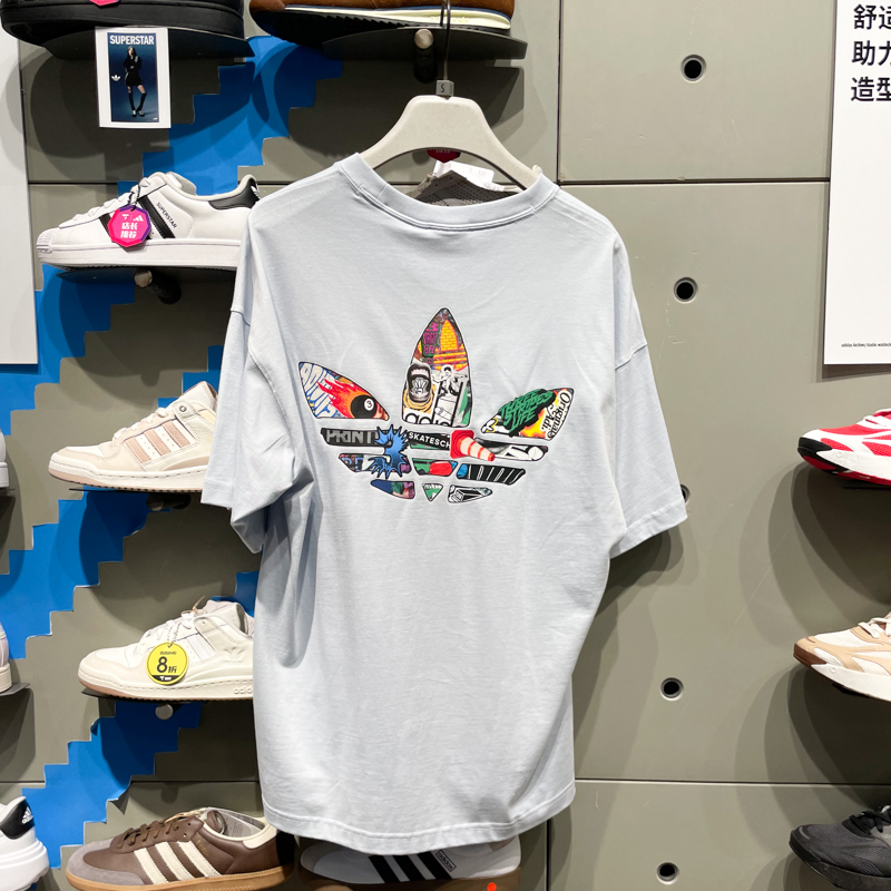 阿迪达斯三叶草男装2025夏季背后印花logo休闲运动短袖T恤 JN1675