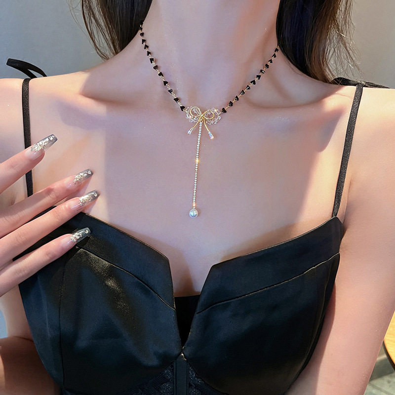 夏季仿水晶蝴蝶结锁骨链女轻奢气质优雅百搭项链冷淡风高级感颈饰
