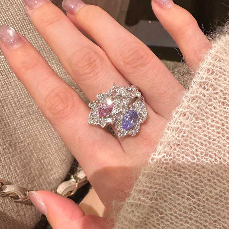 超闪满钻闪钻时尚羽毛戒指女款开口可调节食指指环 ins潮小众夸张